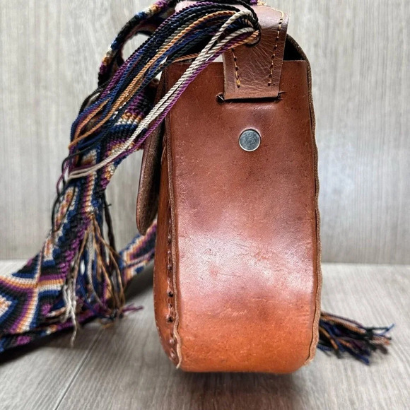 Womens Handbag Boho Leather Floral Tooled Embossed Purse Mini Sling Tan Brown - Picture 5 of 12